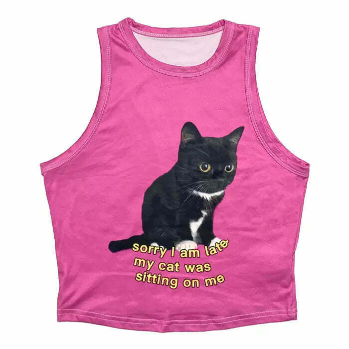 Sorry I'm Late My Cat Was Sitting On Me Tee - Y2K & 90s Fashion, Grunge, Retro