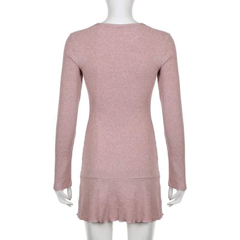 Square Neck Pink Autumn Dress - Y2K & 90s Fashion, Grunge, Retro, Summer & Party Outfits