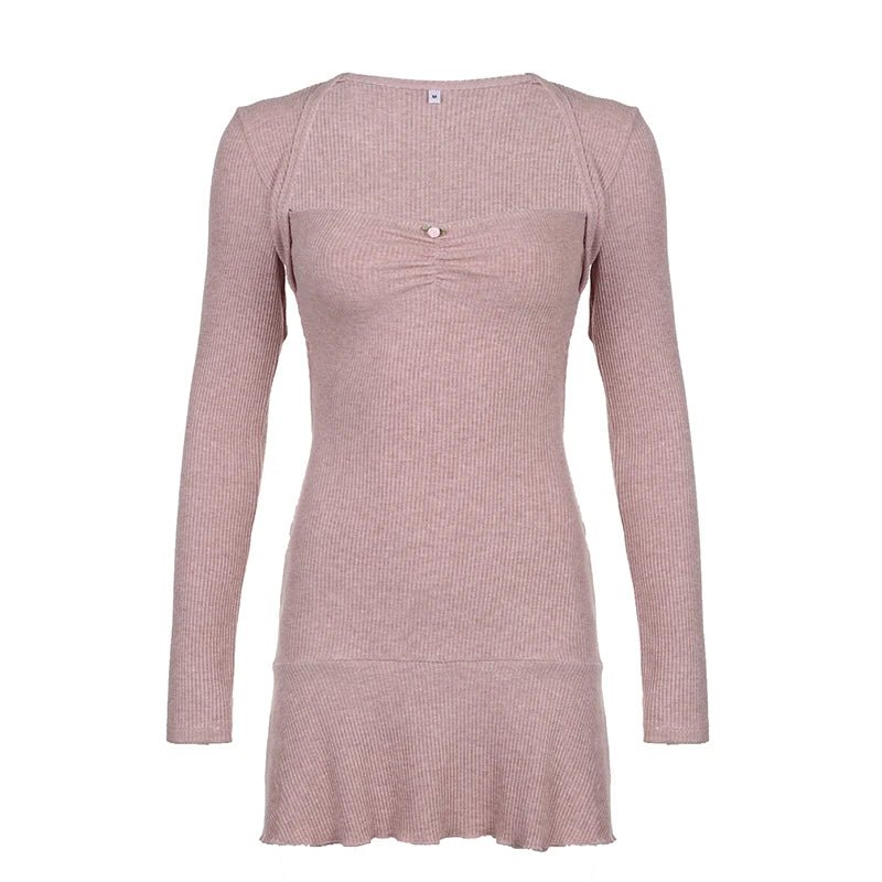 Square Neck Pink Autumn Dress - Y2K & 90s Fashion, Grunge, Retro, Summer & Party Outfits