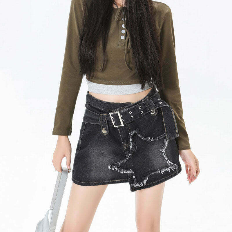 Star Girl Denim Skirt - Y2K Summer Grunge Outfit, 90s Fashion, Retro Y2K Popstar