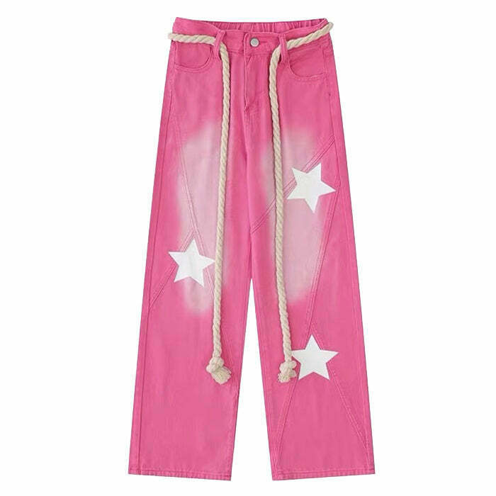 Star Print Y2K Pink Jeans - Retro 90s Grunge Summer Outfit, Y2K Fashion, Baby Tees