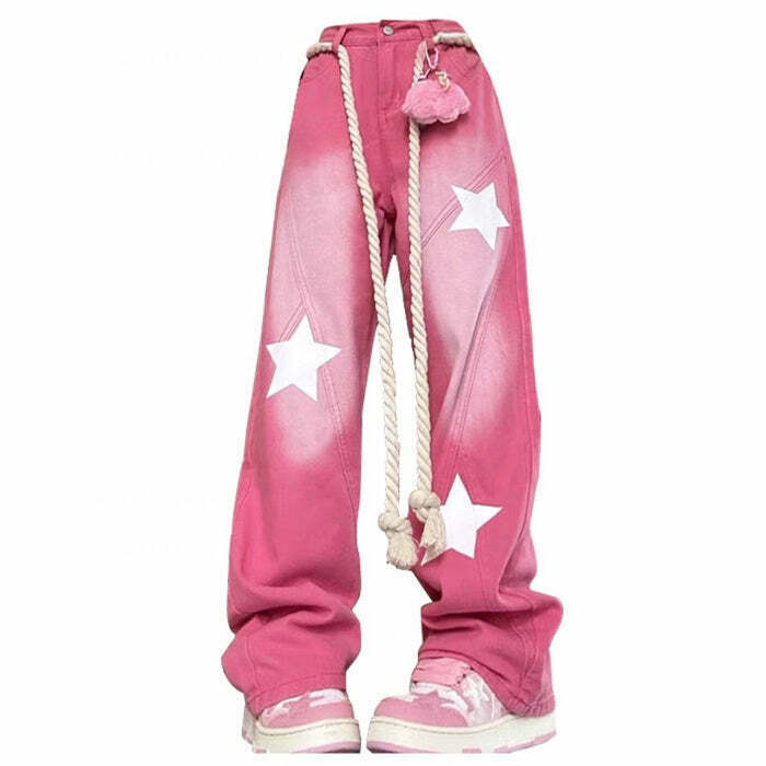 Star Print Y2K Pink Jeans - Retro 90s Grunge Summer Outfit, Y2K Fashion, Baby Tees