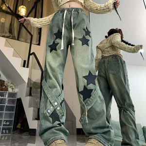 Stargirl Aesthetic Star Patch Jeans - Y2K & 90s Fashion, Grunge, Retro, Summer Out