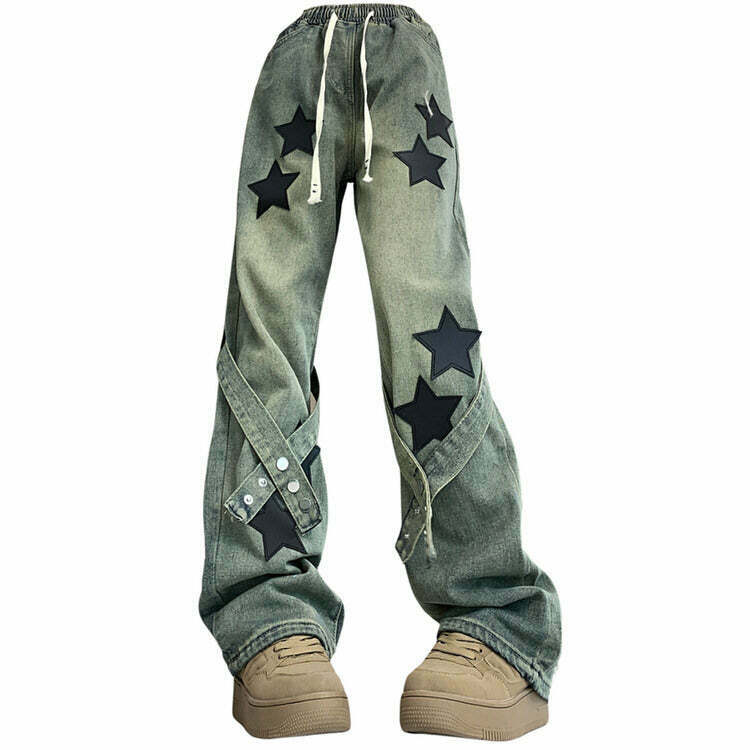 Stargirl Aesthetic Star Patch Jeans - Y2K & 90s Fashion, Grunge, Retro, Summer Out