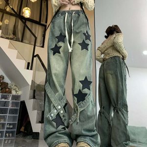 Stargirl Aesthetic Star Patch Jeans - Y2K & 90s Fashion, Grunge, Retro, Summer Out