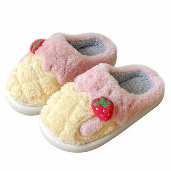 Strawberry Fuzzy Slippers - Y2K Summer Grunge, 90s Retro, Pastel Goth, Y