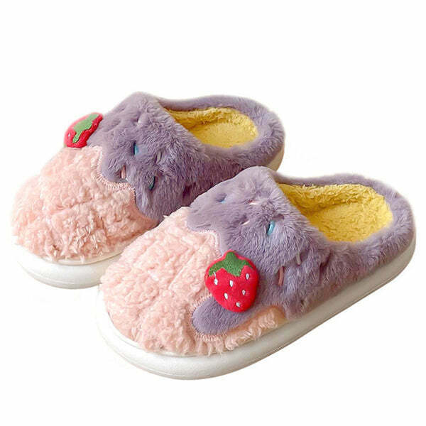 Strawberry Fuzzy Slippers - Y2K Summer Grunge, 90s Retro, Pastel Goth, Y