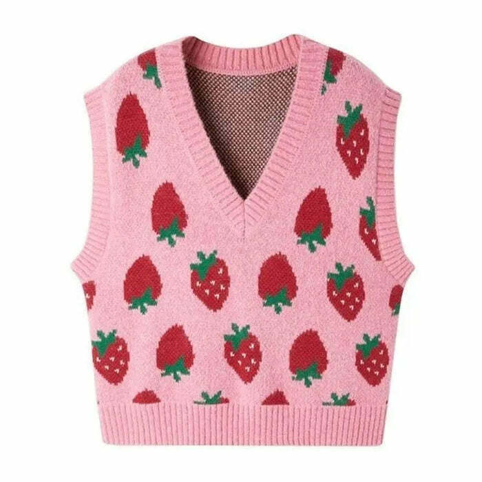 Strawberry Knit Vest - Y2K Summer Grunge 90s Fashion Retro Pastel Goth Outfit