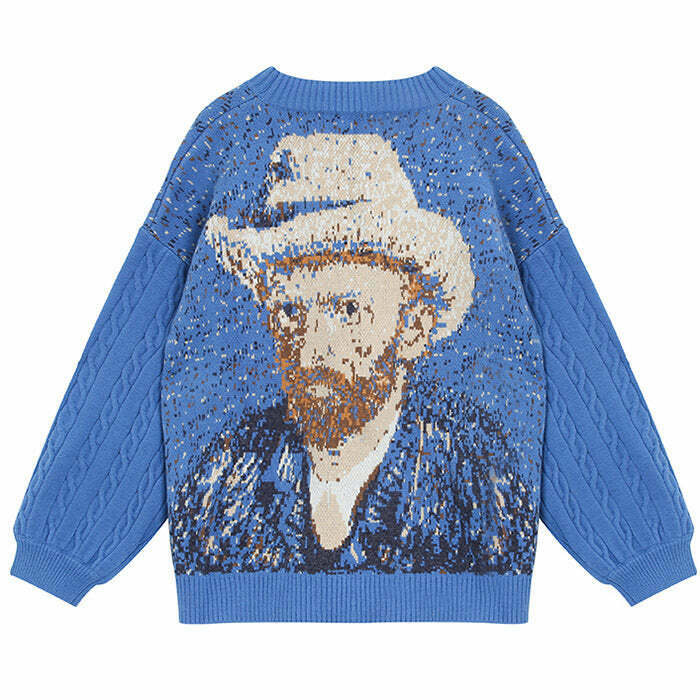 Van Gogh Self-Portrait Knit Cardigan - Y2K & 90s Fashion, Grunge, Retro, Past