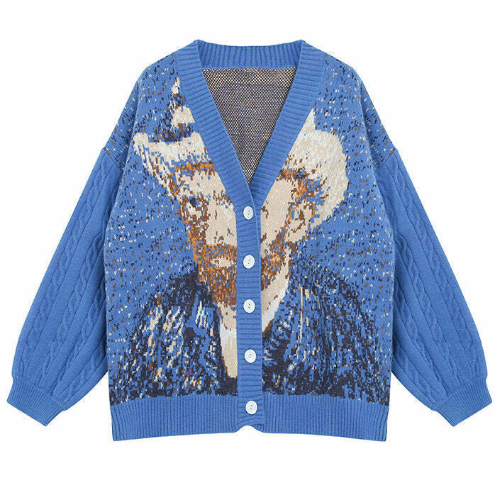 Van Gogh Self-Portrait Knit Cardigan - Y2K & 90s Fashion, Grunge, Retro, Past