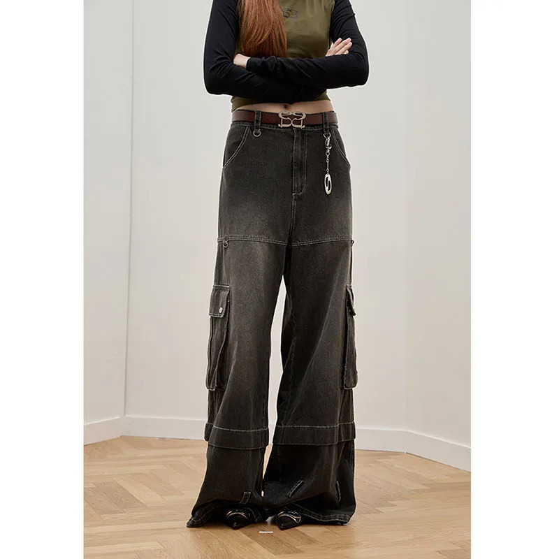 Vintage Black Gothic Cargo Jeans | Y2K Wide Leg Denim Pants | Oversize High Waist 90s Jeans