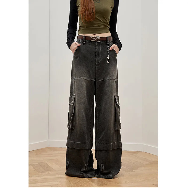 Vintage Black Gothic Cargo Jeans | Y2K Wide Leg Denim Pants | Oversize High Waist 90s Jeans