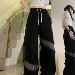 Vintage Black Y2K High Waisted Jeans - American Wide Leg Pants for Women