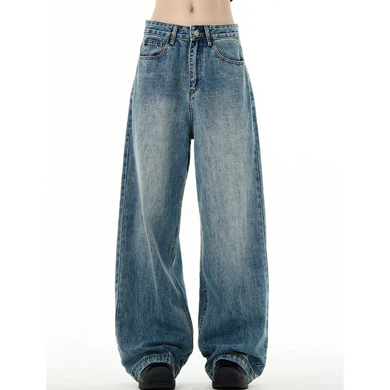 Vintage Blue Baggy Jeans: Y2K Aesthetic Denim Trousers for Women