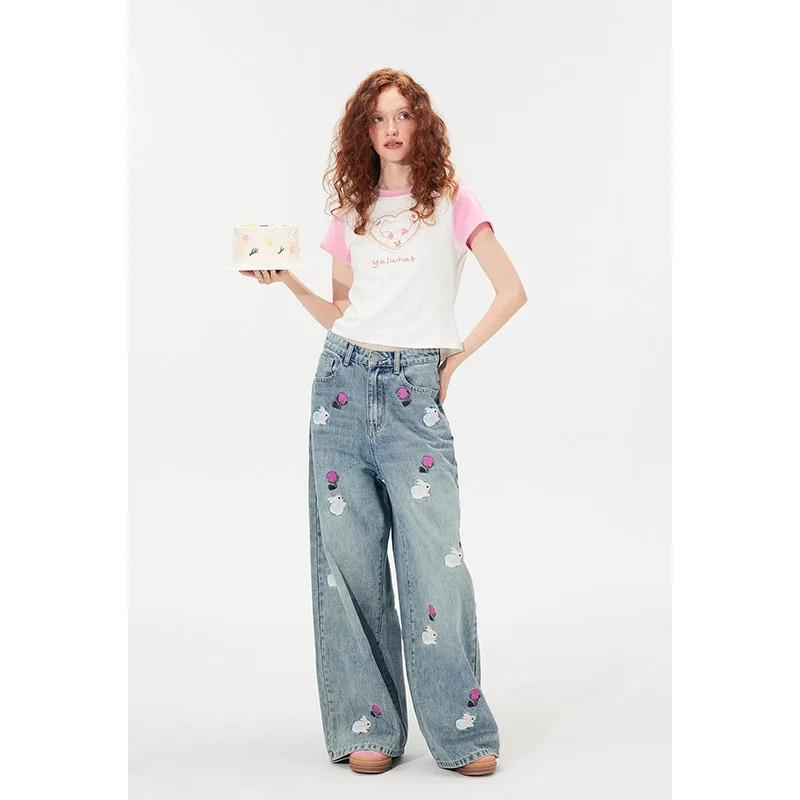 Vintage Blue Embroidered High Waist Jeans - Retro Y2K Denim Trouser