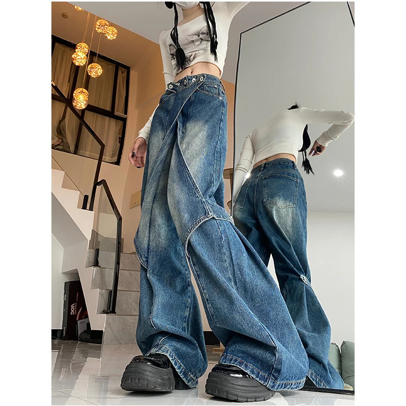 Vintage Blue High Waist Y2K Streetwear Wide Leg Jeans - Chic American Fashion with Black Baggy Denim