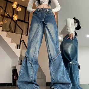 Vintage Blue High Waist Y2K Streetwear Wide Leg Jeans - Chic American Fashion with Black Baggy Denim