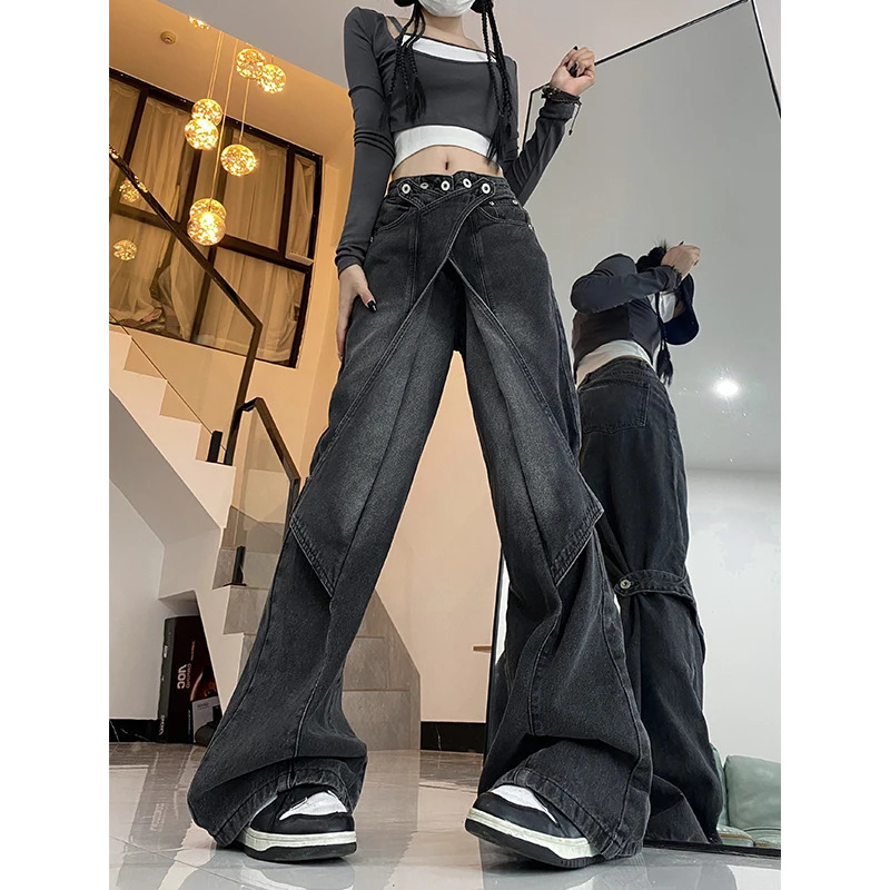 Vintage Blue High Waist Y2K Streetwear Wide Leg Jeans - Chic American Fashion with Black Baggy Denim