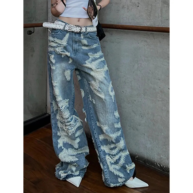 Vintage Blue Ripped Jeans: Y2K Streetwear Punk Denim Trousers