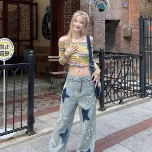 Vintage Blue Star High Waist Jeans - Y2K & 90s Fashion, Grunge, Retro, Summer Outfits