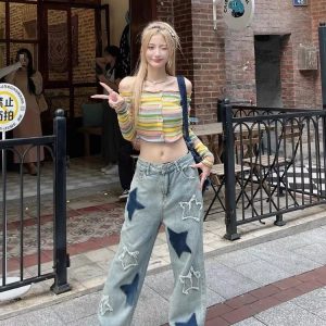 Vintage Blue Star High Waist Jeans - Y2K & 90s Fashion, Grunge, Retro, Summer Outfits