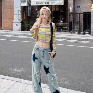 Vintage Blue Star High Waist Jeans - Y2K & 90s Fashion, Grunge, Retro, Summer Outfits