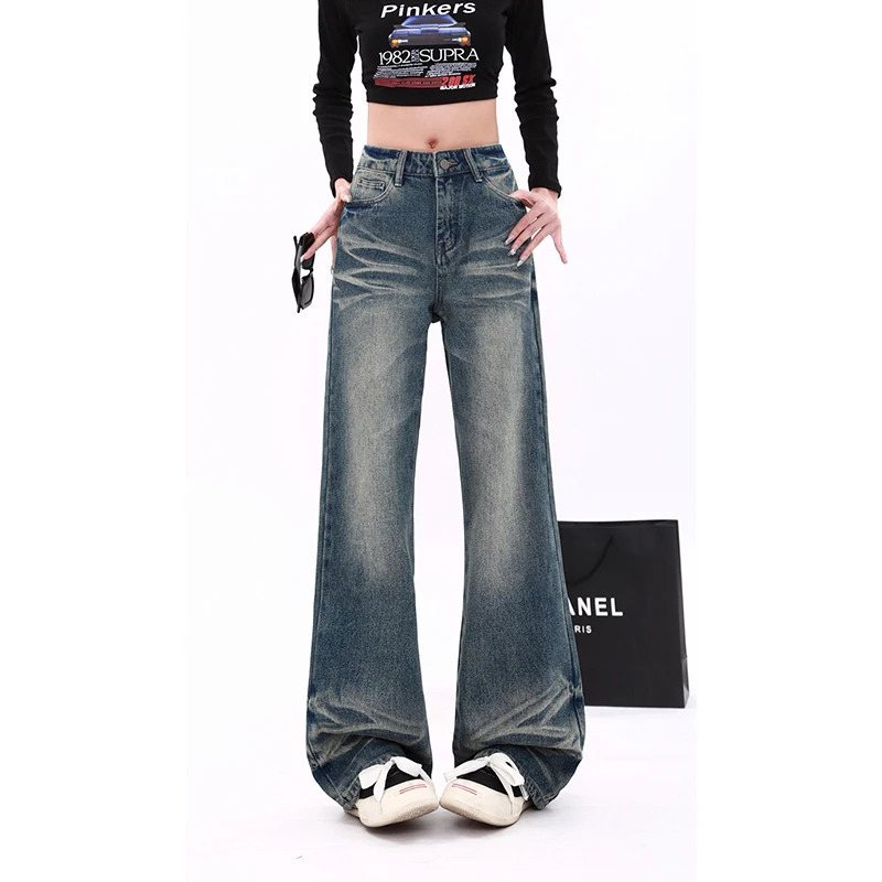 Vintage Blue Y2K High Waist Jeans: Straight Baggy Pants for Women