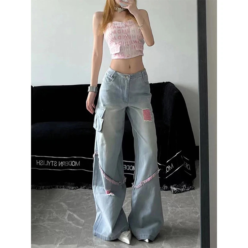 Vintage Blue Y2K High Waist Wide Leg Jeans - American Streetwear Fashion