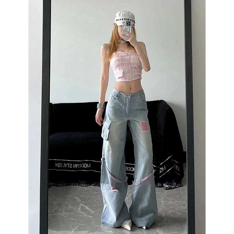 Vintage Blue Y2K High Waist Wide Leg Jeans - American Streetwear Fashion