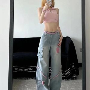 Vintage Blue Y2K High Waist Wide Leg Jeans - American Streetwear Fashion