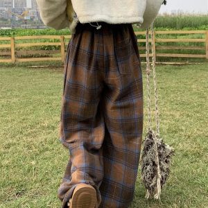 Vintage Brown Plaid Pants - Y2K & 90s Fashion, Grunge, Retro, Summer Outfits, Y