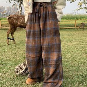 Vintage Brown Plaid Pants - Y2K & 90s Fashion, Grunge, Retro, Summer Outfits, Y