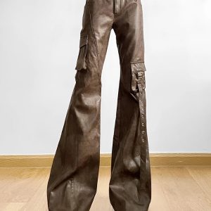 Vintage Brown PU Cargo Pants - Y2K & 90s Fashion, Grunge, Retro, Summer & Party Outfits