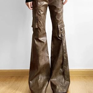 Vintage Brown PU Cargo Pants - Y2K & 90s Fashion, Grunge, Retro, Summer & Party Outfits