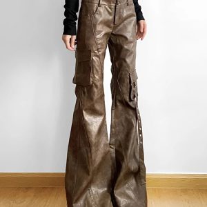 Vintage Brown PU Cargo Pants - Y2K & 90s Fashion, Grunge, Retro, Summer & Party Outfits