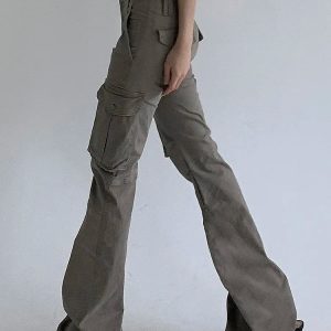 Vintage Grey Stitched Cargo Pants - Y2K & 90s Fashion, Grunge, Retro, Summer & Party Out