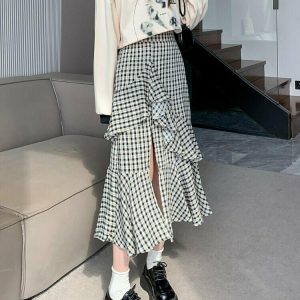 Vintage Plaid Slit Skirt - Y2K Summer Grunge Outfit, 90s Fashion, Retro Style