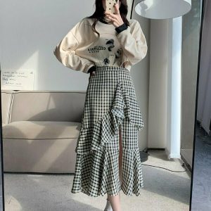 Vintage Plaid Slit Skirt - Y2K Summer Grunge Outfit, 90s Fashion, Retro Style