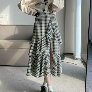 Vintage Plaid Slit Skirt - Y2K Summer Grunge Outfit, 90s Fashion, Retro Style