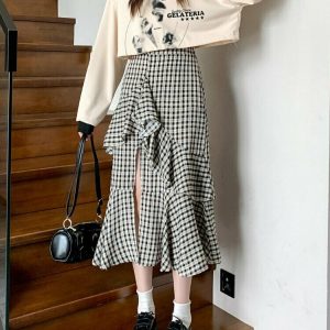 Vintage Plaid Slit Skirt - Y2K Summer Grunge Outfit, 90s Fashion, Retro Style