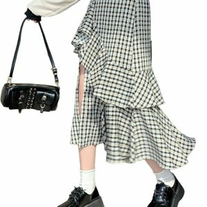 Vintage Plaid Slit Skirt - Y2K Summer Grunge Outfit, 90s Fashion, Retro Style