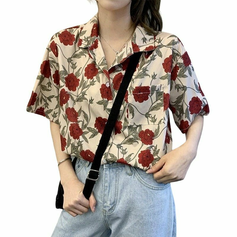 Vintage Rose Print Shirt - Y2K Summer Grunge, 90s Fashion, Retro Y2K Outfits for Women