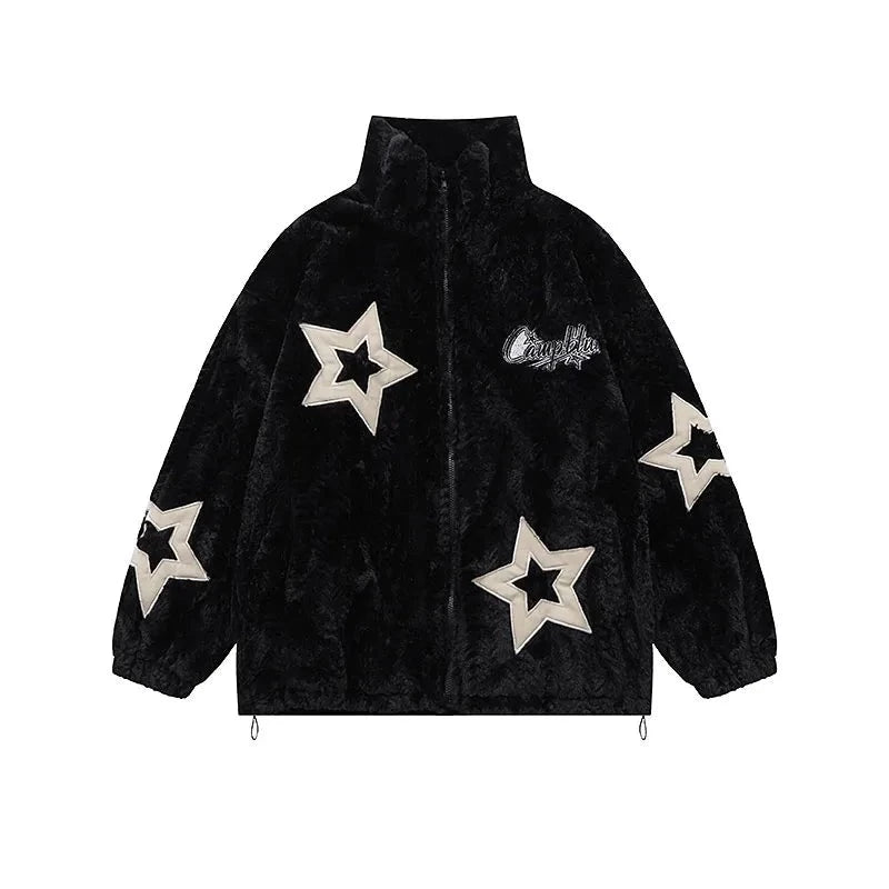 Vintage Star Embroidered Fleece Coat - Y2K Grunge, 90s Fashion, Retro Summer Outfits,