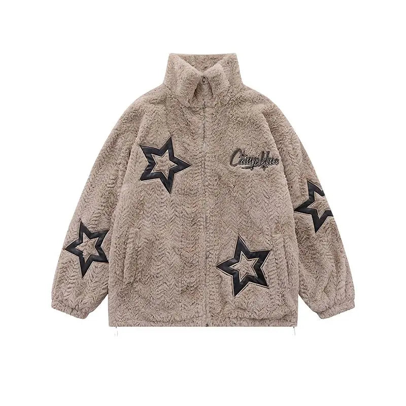 Vintage Star Embroidered Fleece Coat - Y2K Grunge, 90s Fashion, Retro Summer Outfits,