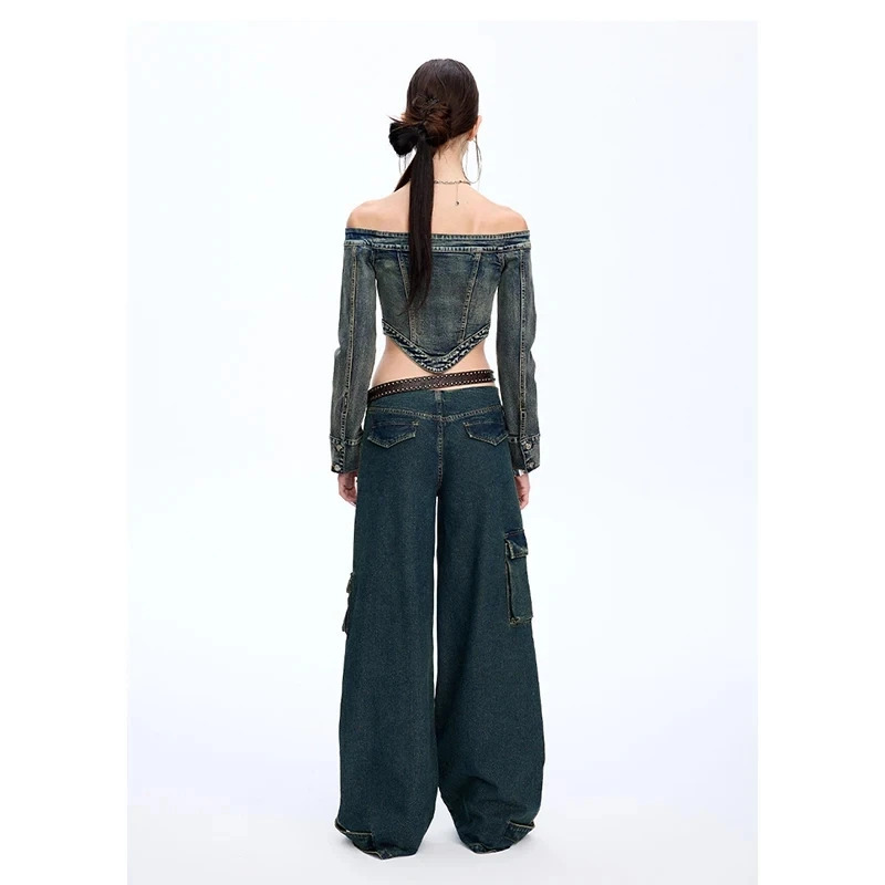 Vintage Y2k Blue Cargo Jeans: Aesthetic Baggy Denim Trousers for Women