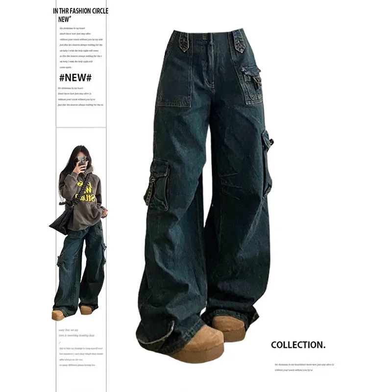 Vintage Y2k Blue Cargo Jeans: Aesthetic Baggy Denim Trousers for Women