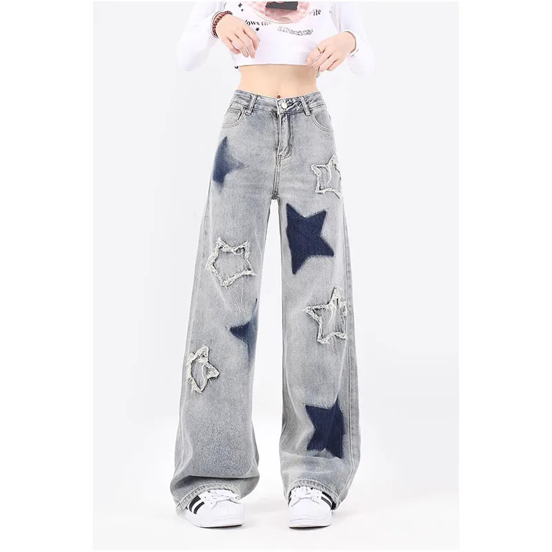 Vintage Y2K Blue Star Jeans: Women's Baggy Denim Trousers for Grunge and 90s A