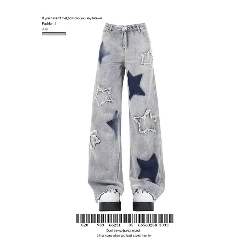 Vintage Y2K Blue Star Jeans: Women's Baggy Denim Trousers for Grunge and 90s A