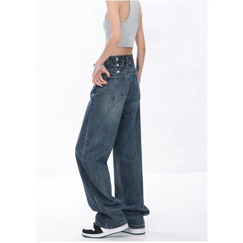 Vintage Y2K High Waist Baggy Blue Jeans - 90s Harajuku Aesthetic Wide Leg Denim Trous