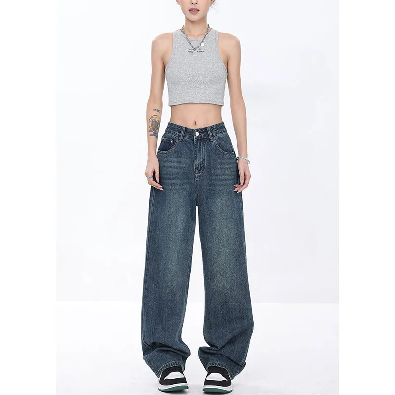 Vintage Y2K High Waist Baggy Blue Jeans - 90s Harajuku Aesthetic Wide Leg Denim Trous